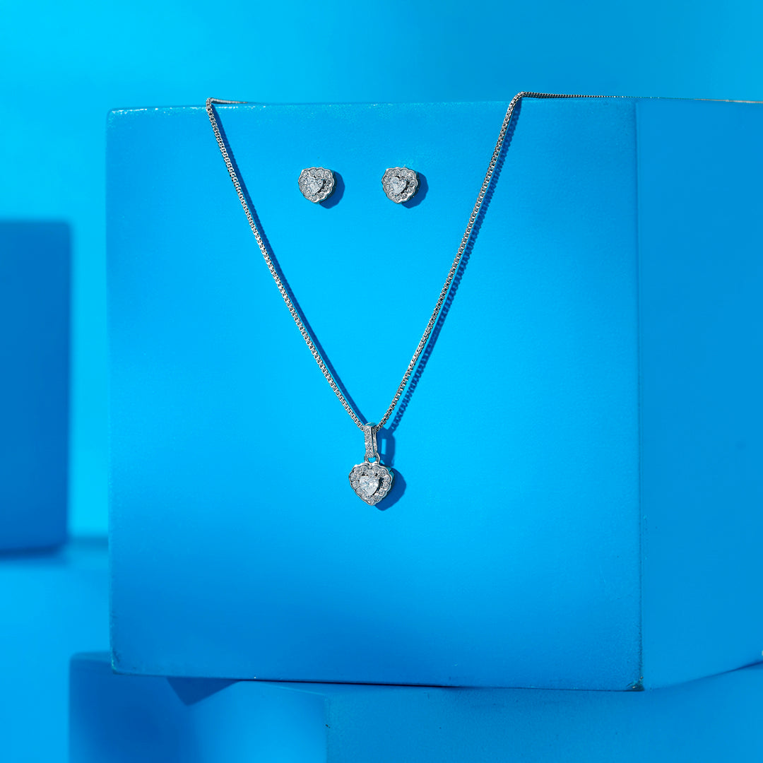 Studded Heart Silver Pendant Set