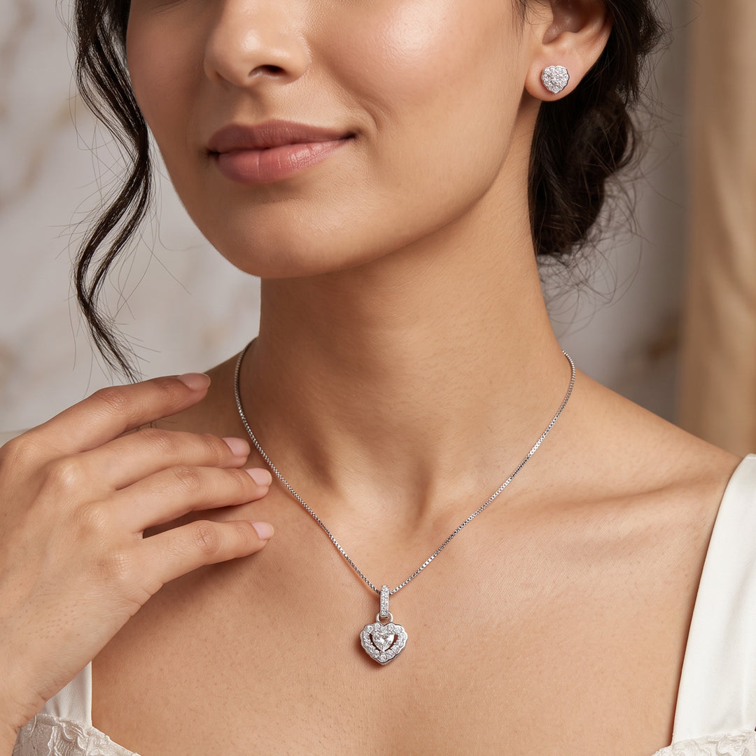 Studded Heart Silver Pendant Set