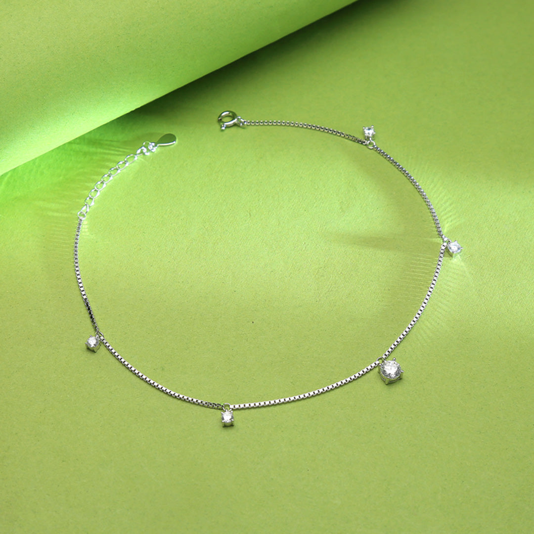 Stone Studded Silver Anklets